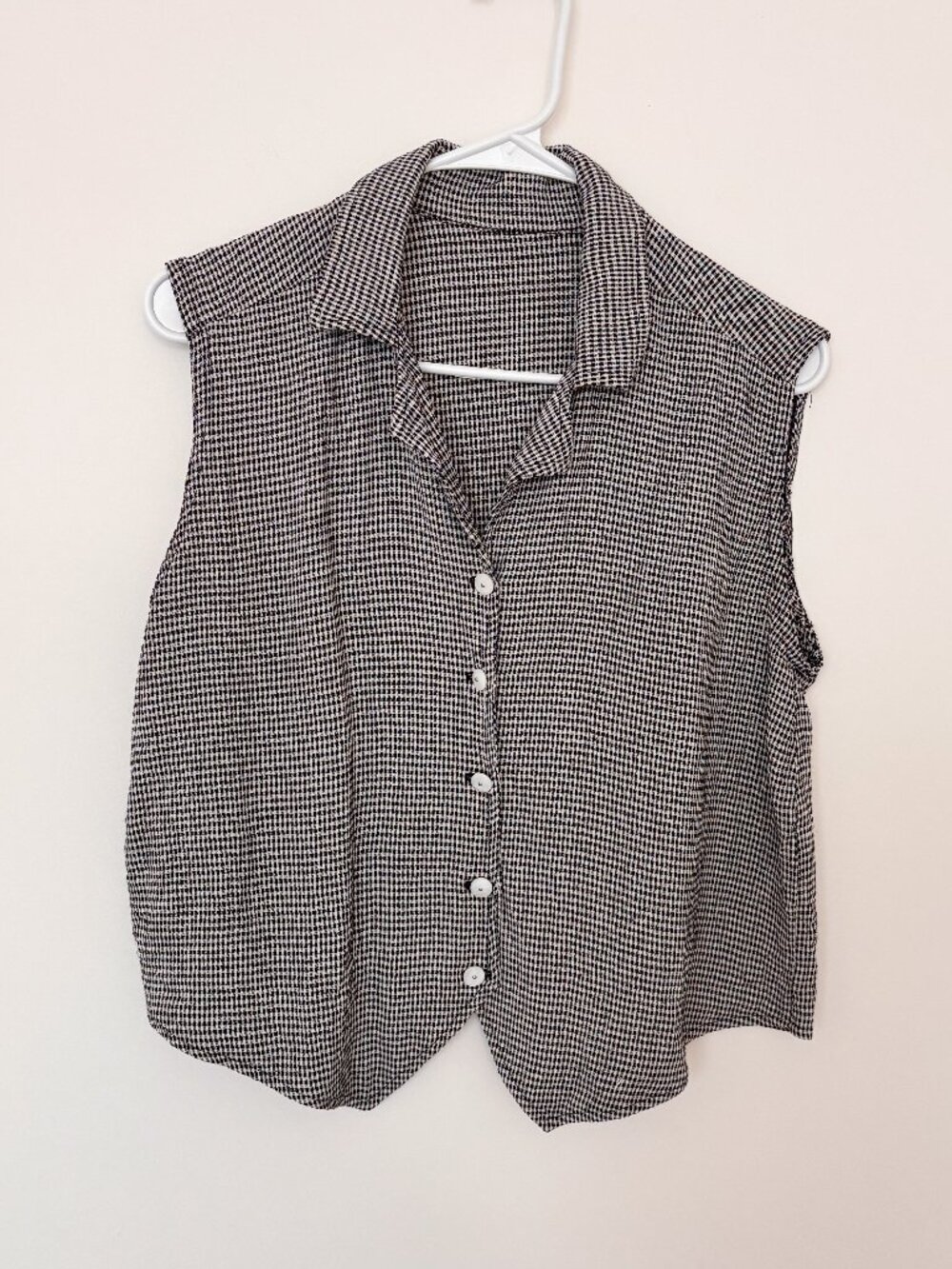 Black White Gingham Button Front Vest Sleeveless Collared Preppy Cottagecore